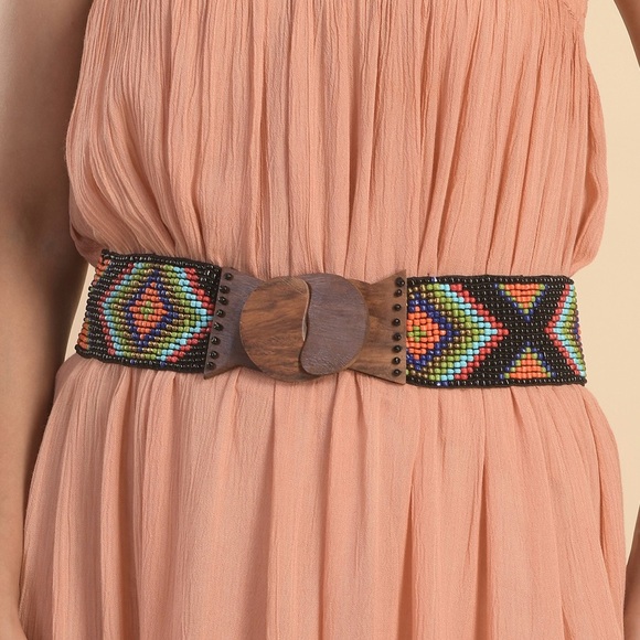 🌸NEW🌸 Handcrafted Beaded Stretchable Belt With Wooden Buckle -Fits Up To 45" - Picture 1 of 7